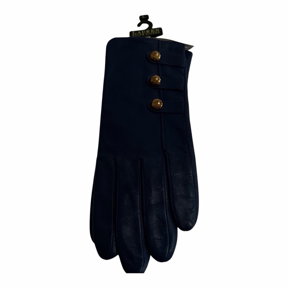 NWT Ralph Lauren Lined Leather Gloves Blue Three Buttons Size Large
